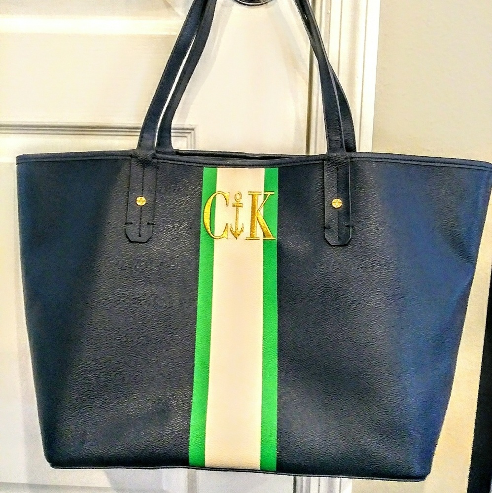 C Wonder navy green striped monogram tote bag purs